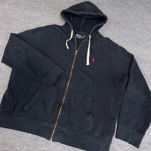 Vintage Polo Ralph Lauren Hoodie Men 2XL‎ Black Distressed Full Zip Baggy Y2K
